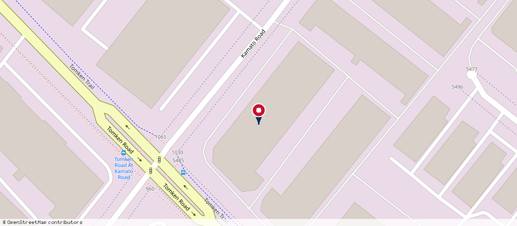 Street map of the office location. The pin marks 1030 Kamato Rd, Suite 202, on the block between Kamato Road and Tomken Road in Mississauga.